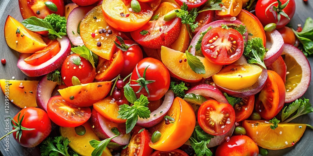 Fresh summer salad, vibrant peaches and tomatoes, aerial view. Fresh summer salad, vibrant peaches and tomatoes, aerial view.