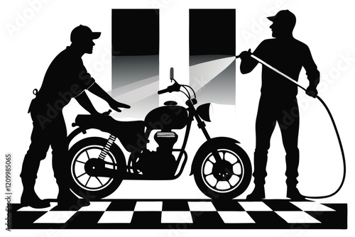 A black and white vector of a man washing a motorcycle