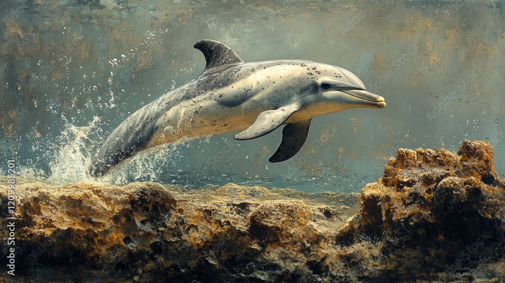 Obraz premium Dolphin leaping ocean reef background, underwater wildlife, marine life