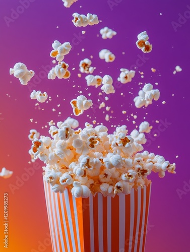 A dynamic image of popcorn popping out of a striped box against a colorful gradient backdrop, perfect for snack-themed content. photo