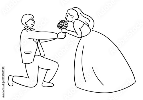 Cute couple on their wedding day, with the groom holding a bouquet to give to the bride, and the bride joyfully receiving it vector