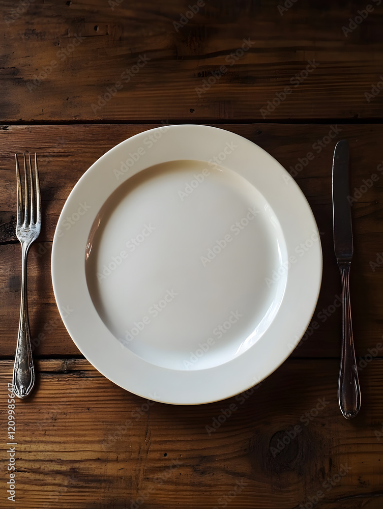 Minimalist Dining Setting with Elegant Empty Plate on Rustic Wooden Table : Generative AI Minimalist Dining Setting with Elegant Empty Plate on Rustic Wooden Table : Generative AI