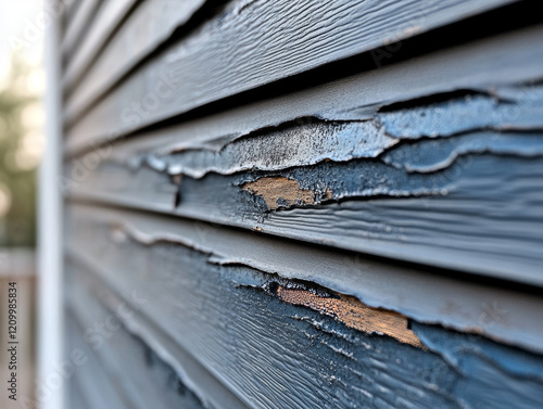 Close up of damaged vinyl siding with peeling and melted layers, showing weathering effects.