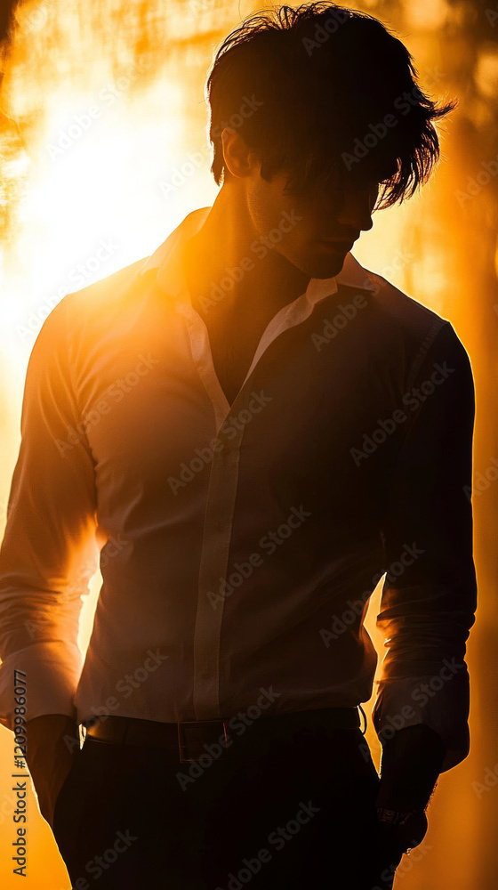 man in white shirt stands silhouetted against golden sunset, exuding contemplative and serene mood. man in white shirt stands silhouetted against golden sunset, exuding contemplative and serene mood.