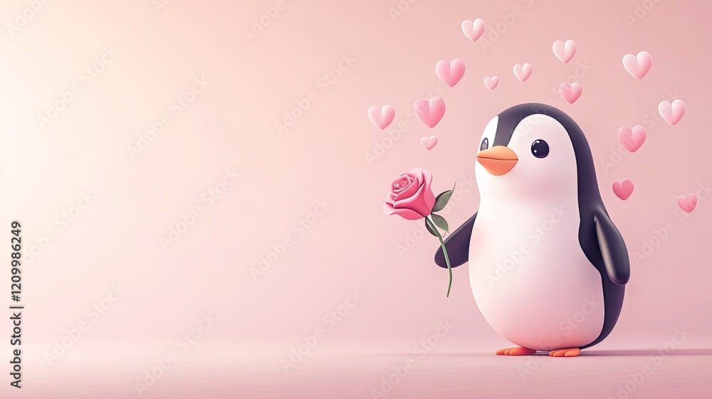 Obraz premium Cartoon penguin holding a rose with playful hearts floating around on a soft pink backdrop.