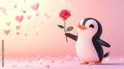 Cartoon penguin holding a rose with playful hearts floating around on a soft pink backdrop.