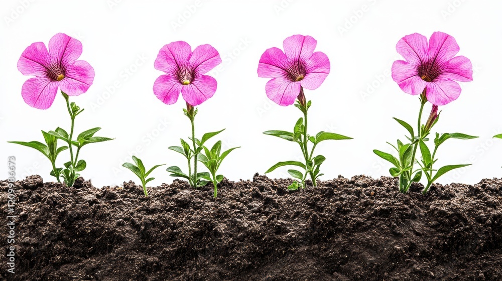 Pink Petunia Flowers Growing in Soil Under Bright White Background Pink Petunia Flowers Growing in Soil Under Bright White Background