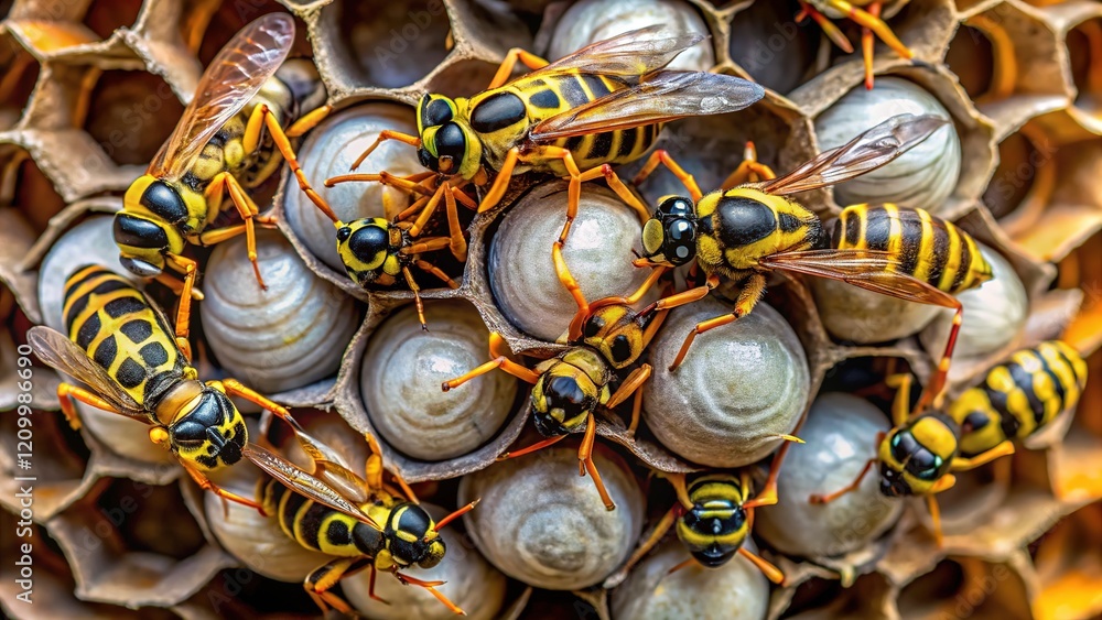 Macro shot of an Asian paper wasp nest, showcasing intricate structure.