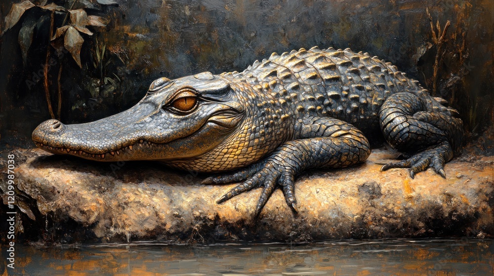 Fototapeta premium Alligator resting museum exhibit swamp background