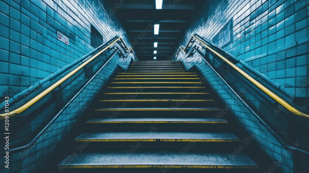 Fototapeta premium Subway Staircase Ascent, Urban Tunnel, Blue Tiles, Background Lights, Journey