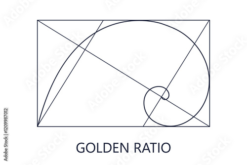 golden ratio templates. Signs of Fibonacci sequence. Logarithmic spiral in a rectangular frame, divided into lines, squares and circles. Ideal symmetry proportions diagram. EPS 10