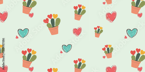 sweet valentine seamless pattern, hearts and cactus