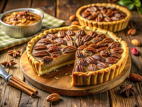 Oven-fresh pecan pie; a close-up of deliciousness. photo