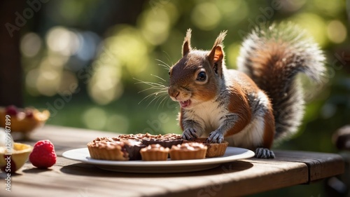 A squirrel enjoying treats on a table in a sunlit outdoor setting.