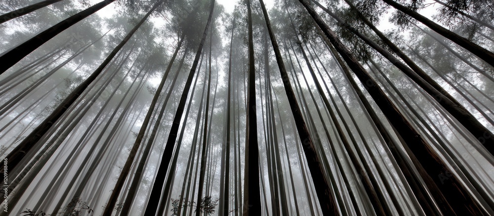 Obraz premium Misty forest tall trees low angle nature background