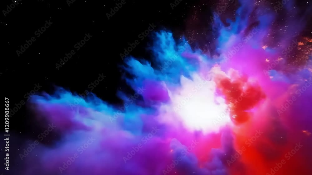 Vibrant cosmic explosion of colorful nebula gas expanding with light flares and dust particles in deep space. Vibrant cosmic explosion of colorful nebula gas expanding with light flares and dust particles in deep space.