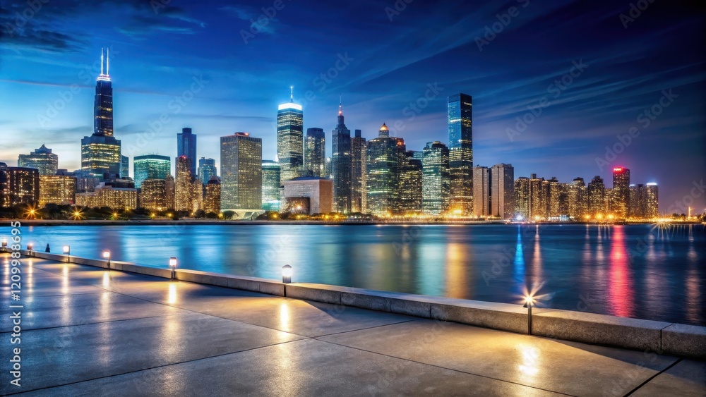 Fototapeta premium Cityscape at Night with Waterfront , chicago-illinois, waterfront-view