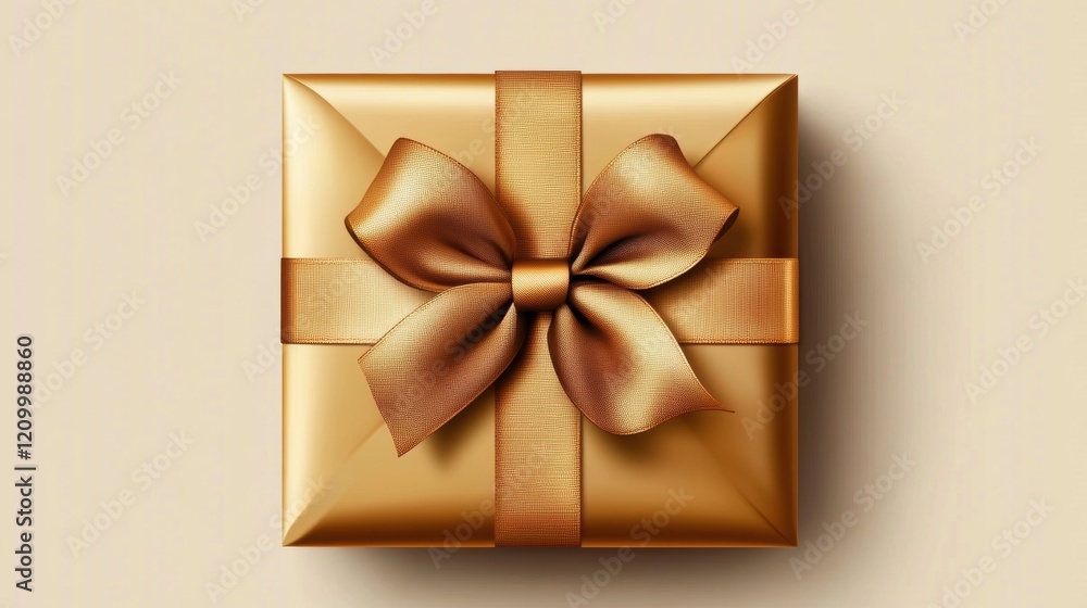 Elegant Golden Gift Box with Bow on Neutral Background Elegant Golden Gift Box with Bow on Neutral Background