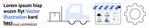 Truck and pallet symbolize logistics, online storefront depicts ecommerce activity, gear suggests settings or customization. Ideal for ecommerce, logistics, business management, supply chain, online