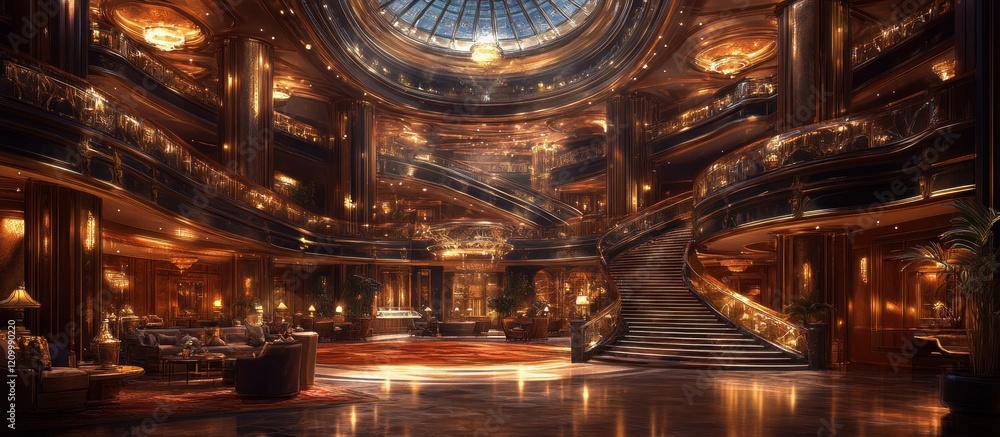 Obraz premium Grand Hotel Lobby opulent staircase, guests relaxing, dome ceiling, luxury background, game design