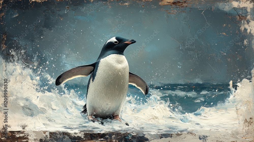 Obraz premium Penguin emerges from Antarctic ocean waves, stormy backdrop, wildlife poster