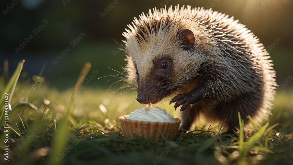 A hedgehog enjoying a small dessert in a sunlit grassy setting. A hedgehog enjoying a small dessert in a sunlit grassy setting.
