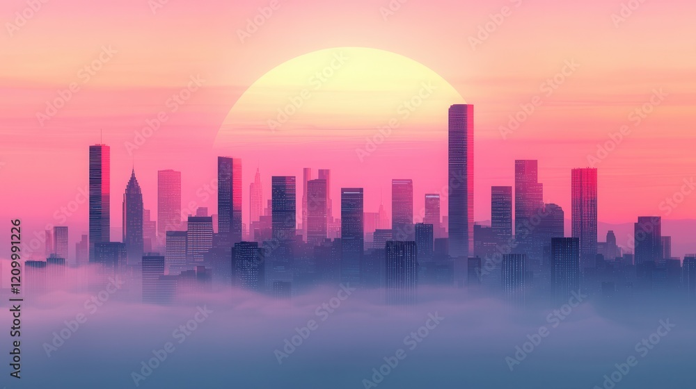Ethereal Cityscape Silhouette at Sunset in Hazy Gradient Sky Ethereal Cityscape Silhouette at Sunset in Hazy Gradient Sky