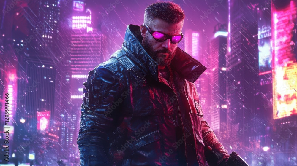 Lone figure navigating a neon drenched cityscape on a rainy night Lone figure navigating a neon drenched cityscape on a rainy night