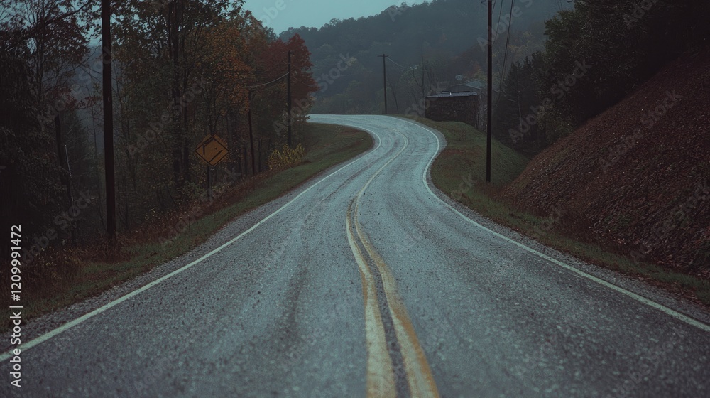 Fototapeta premium Winding road, autumn rain, hills, misty background; travel imagery