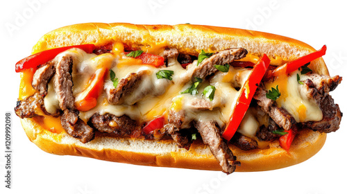 a delicious loaded sandwich featuring grilled steak strips topped with melted cheese. colorful bell peppers. and fresh herbs. served in a soft hoagie bun this dish is perfect for a hearty meal or a sa photo