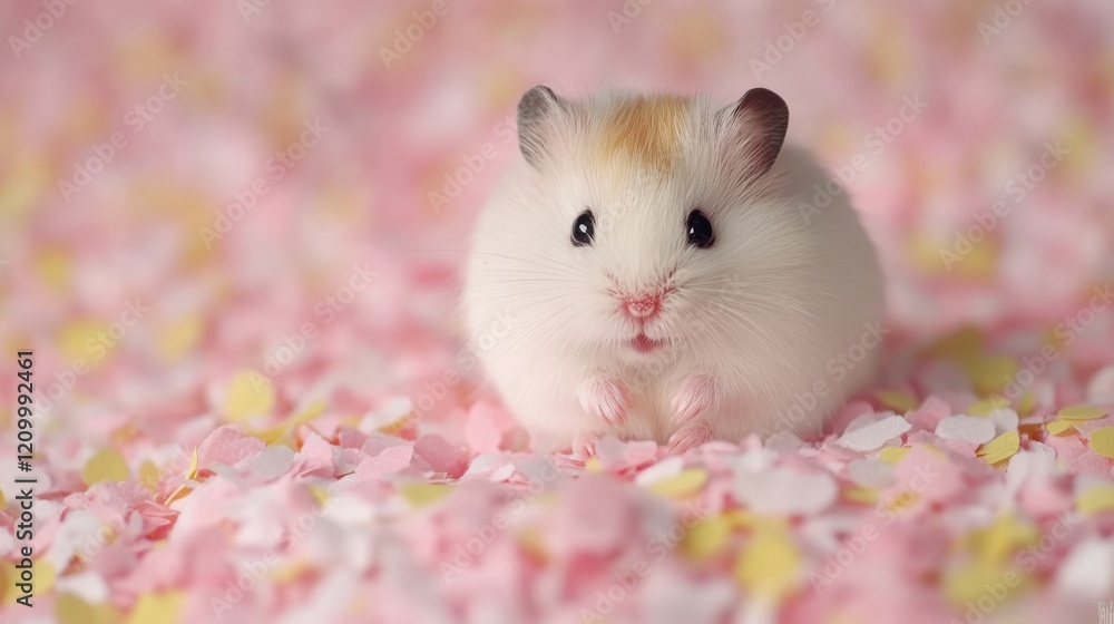 Cute Hamster Surrounded by Colorful Confetti on a Soft Pink Background Cute Hamster Surrounded by Colorful Confetti on a Soft Pink Background