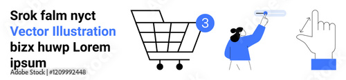 Shopping cart with three items, person pointing to button, hand clicking. Ideal for online shopping, e-commerce, customer interaction, user interface, digital marketing, website navigation, product