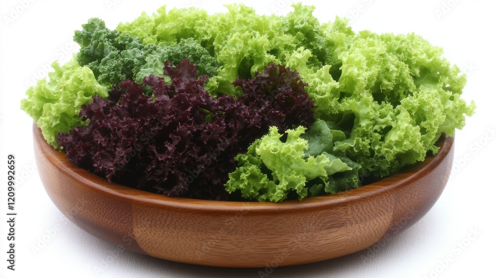 Fresh Green and Purple Lettuce Leaves in Wooden Bowl Display Fresh Green and Purple Lettuce Leaves in Wooden Bowl Display