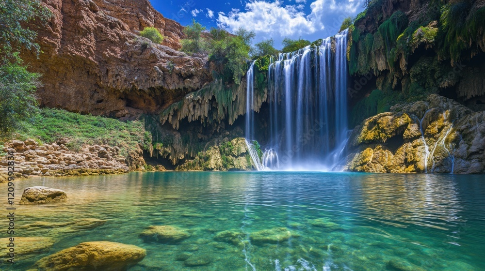 Naklejka premium A majestic waterfall cascading down a jagged cliff face into a crystal-clear pool below.