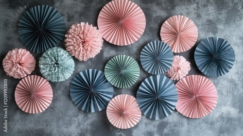Colorful Paper Decorations on Grey Background for Party Themes