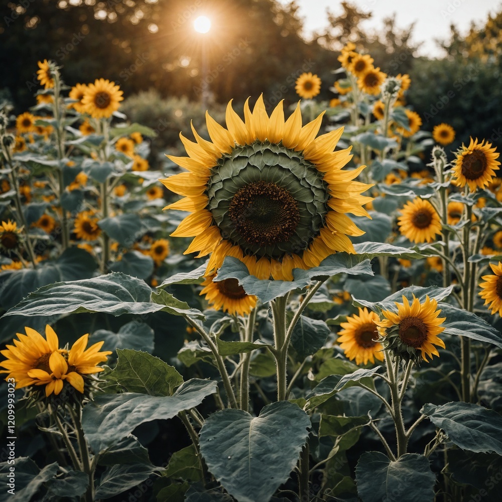 Fototapeta premium A lush garden with a giant sunflower-like plant that has golden leaves and crystalized petals.