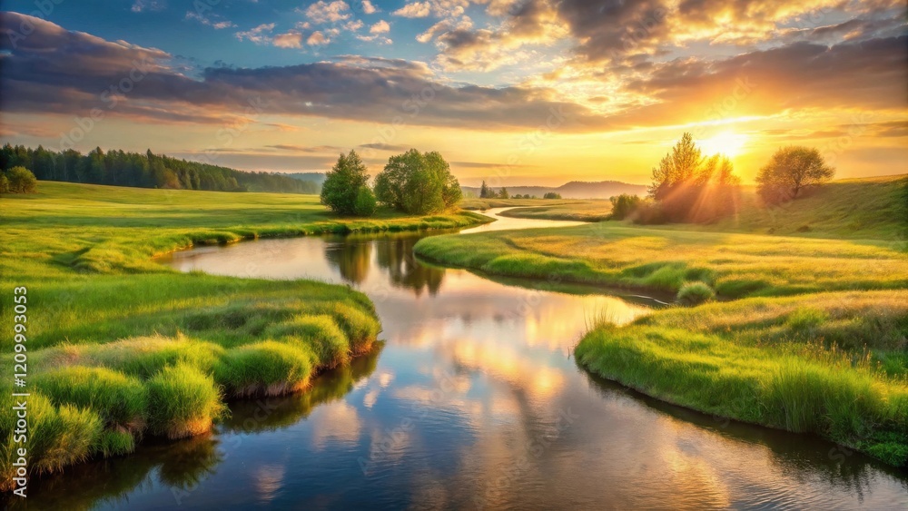 Obraz premium Serene Sunset Landscape A Meandering River Reflects the Golden Hour Sky Over Lush Green Meadows