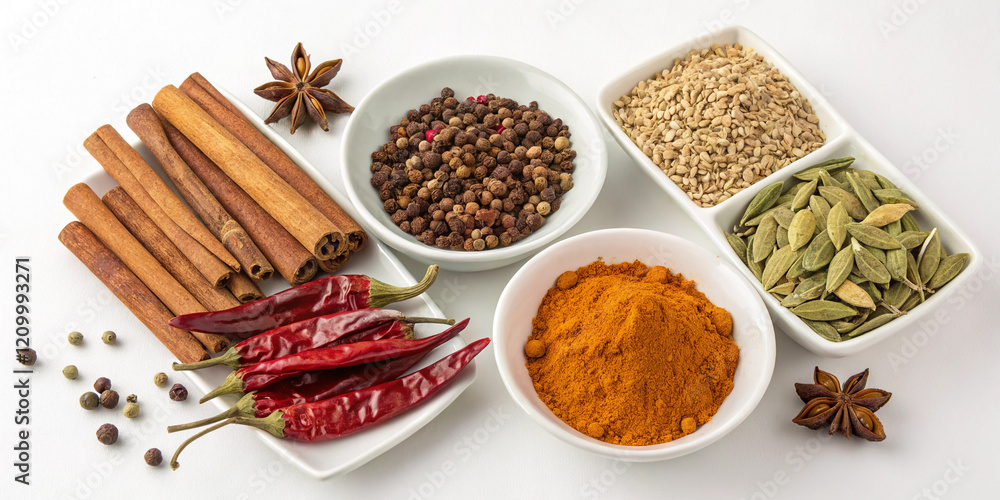 Colorful Array of Various Spices on a White Background Colorful Array of Various Spices on a White Background