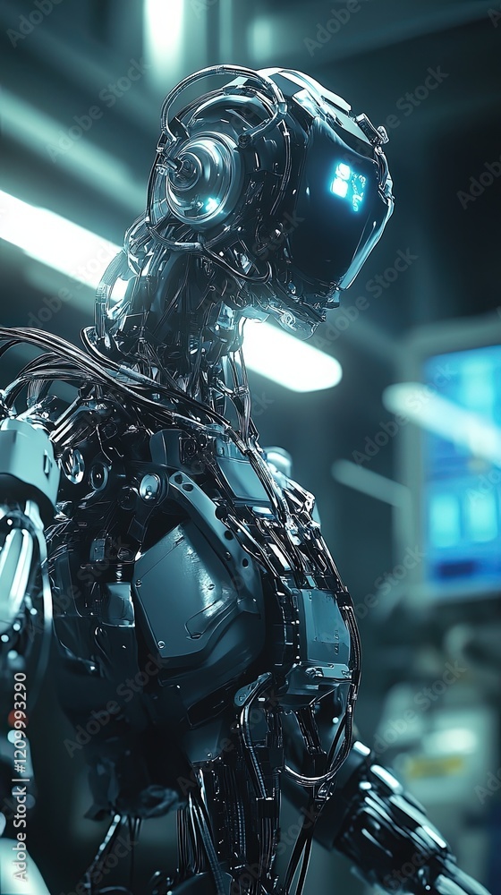 Fototapeta premium Futuristic robot with intricate wiring and glowing features in a high-tech environment