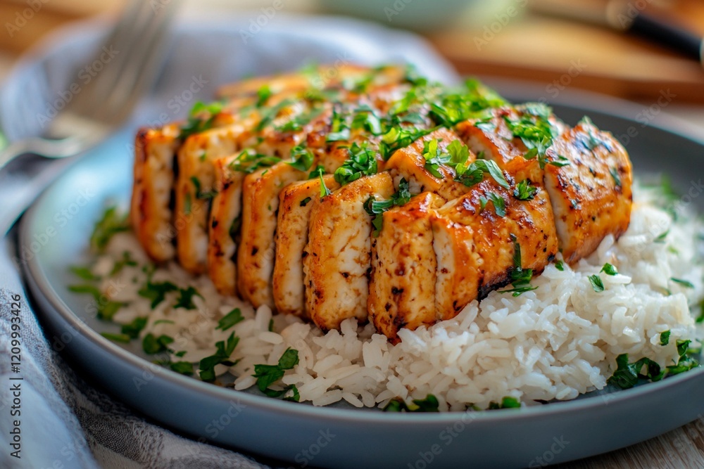 Savory grilled chicken with herbs served over fluffy rice in a cozy kitchen setting Savory grilled chicken with herbs served over fluffy rice in a cozy kitchen setting