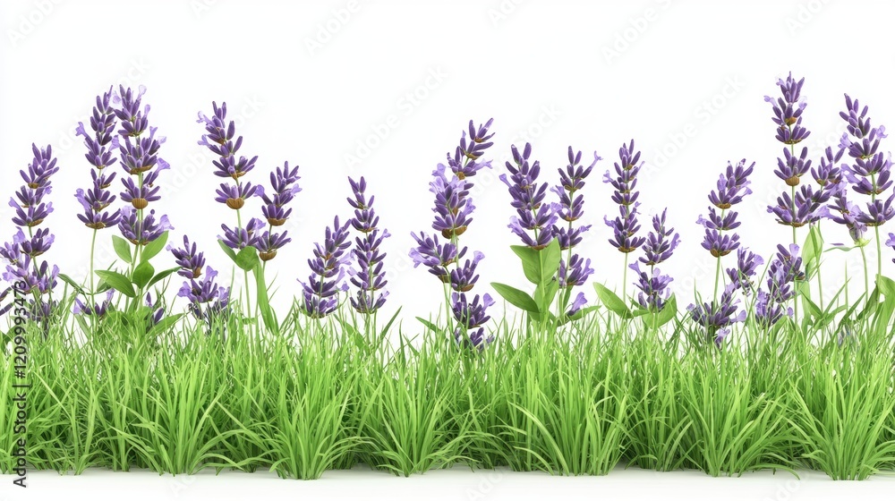 Naklejka premium Lavender Flowers in Bloom with Green Grass on a White Background