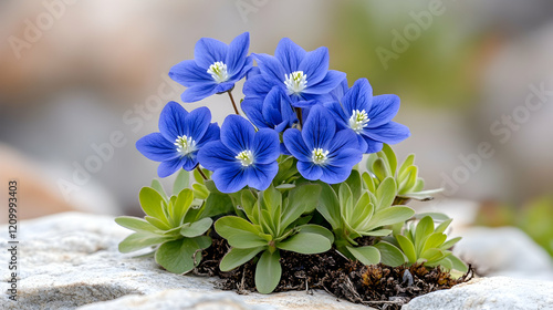 Spring Gentians - vivid blue alpine flowers surronded by white rocks photo