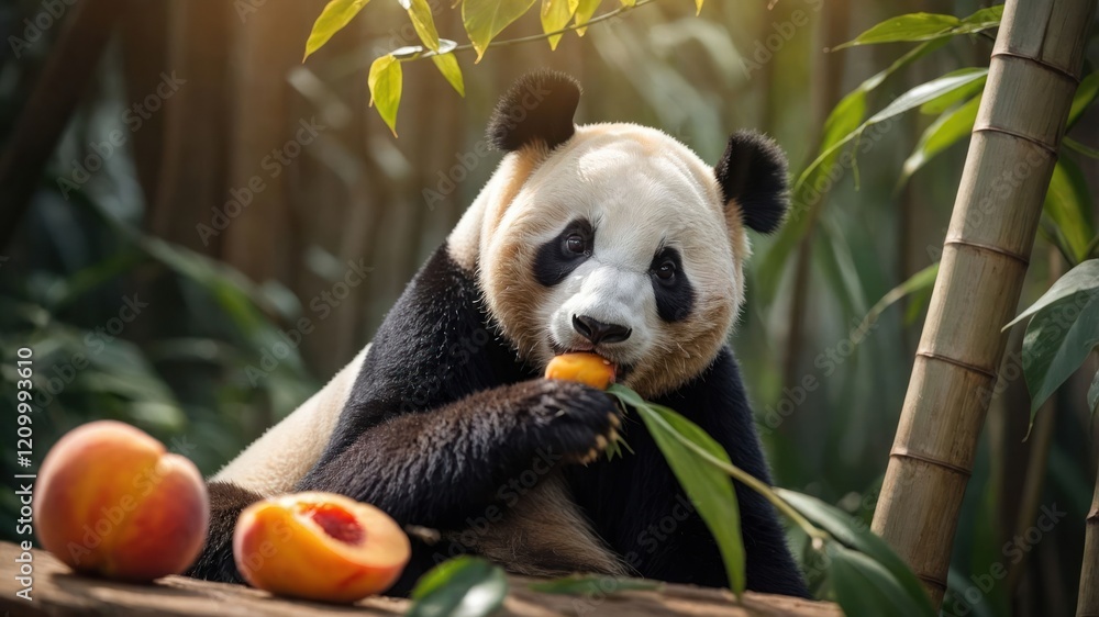 Obraz premium A panda enjoying a peach amidst greenery, showcasing its natural habitat and diet.