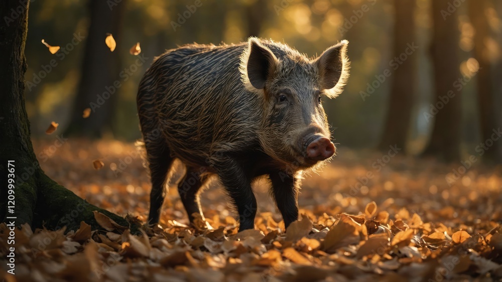 A wild boar walking through a forest covered in autumn leaves during golden hour. A wild boar walking through a forest covered in autumn leaves during golden hour.