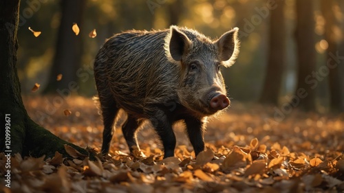 Wallpaper Mural A wild boar walking through a forest covered in autumn leaves during golden hour. Torontodigital.ca