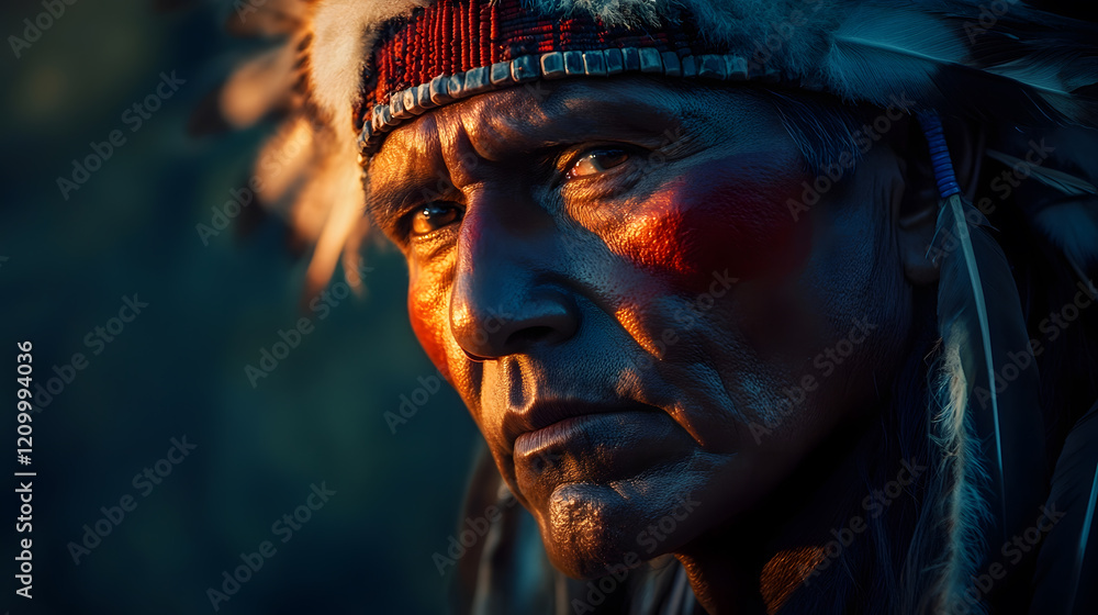 Moody Portrait of Person with Traditional Attire Capturing Intense Expression and Lighting : Generative AI