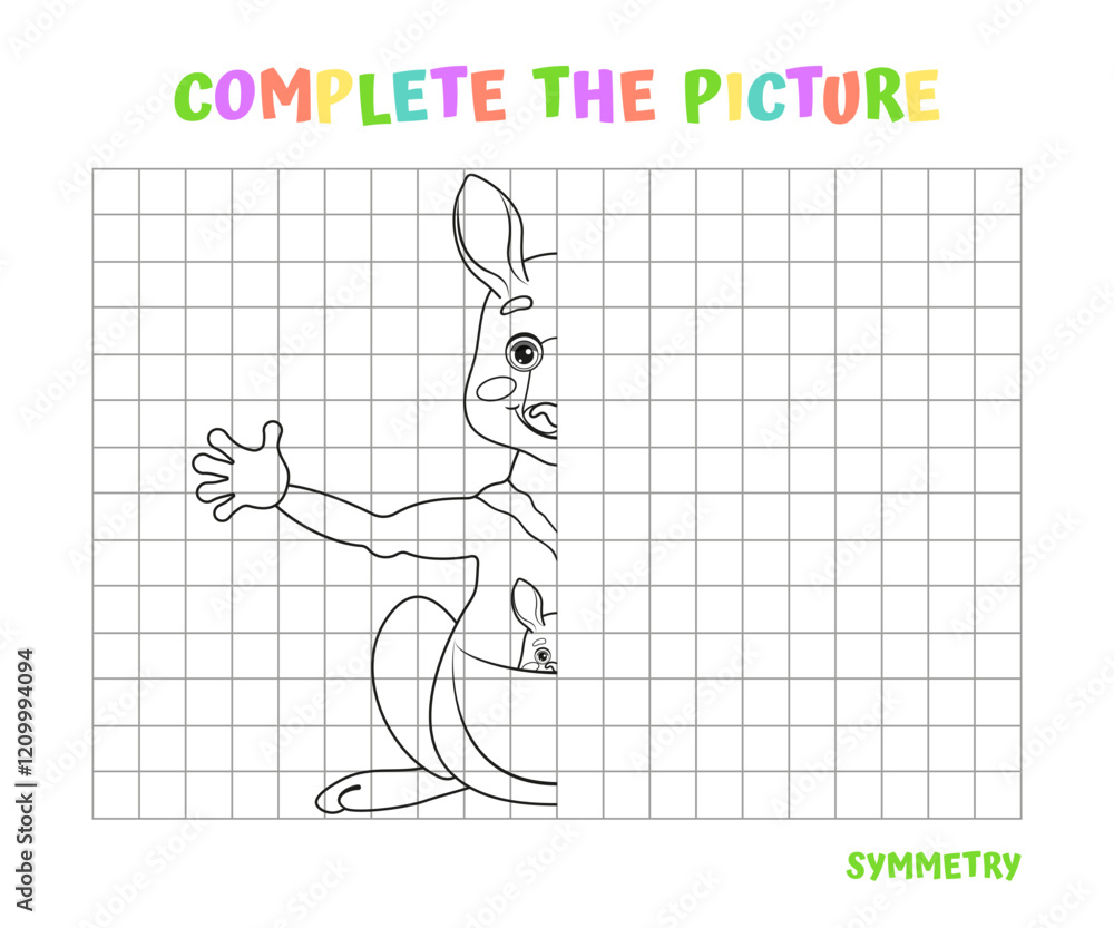 Fototapeta premium Complete the Kangaroo Picture - Symmetry Drawing Activity for Kids. Vector Illustration