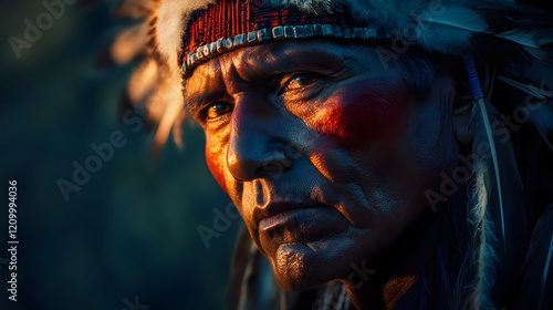 Obraz na płótnie Moody Portrait of Person with Traditional Attire Capturing Intense Expression and Lighting : Generative AI w salonie