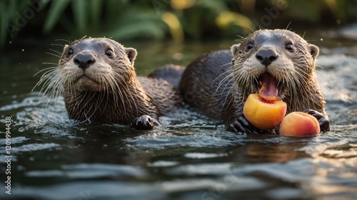 Two otters swimming in water, one holding peaches, showcasing playful wildlife behavior. photo