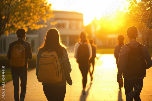 Sunset over a vocational school campus, warm and soft sunlight illuminating the scene. Students are walking away photo